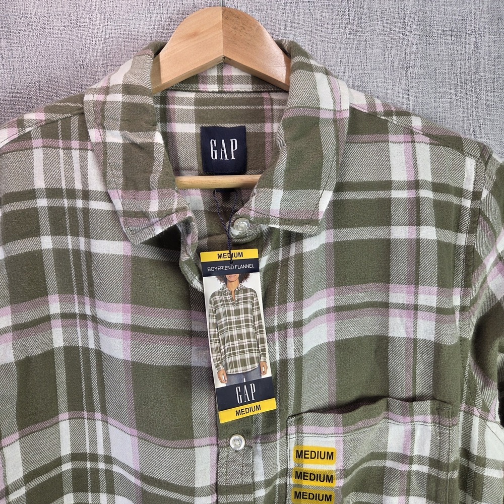 GAP‎ Ladies Button Down LS Green Plaid Relaxed Fit Boyfriend Flannel Top Medium